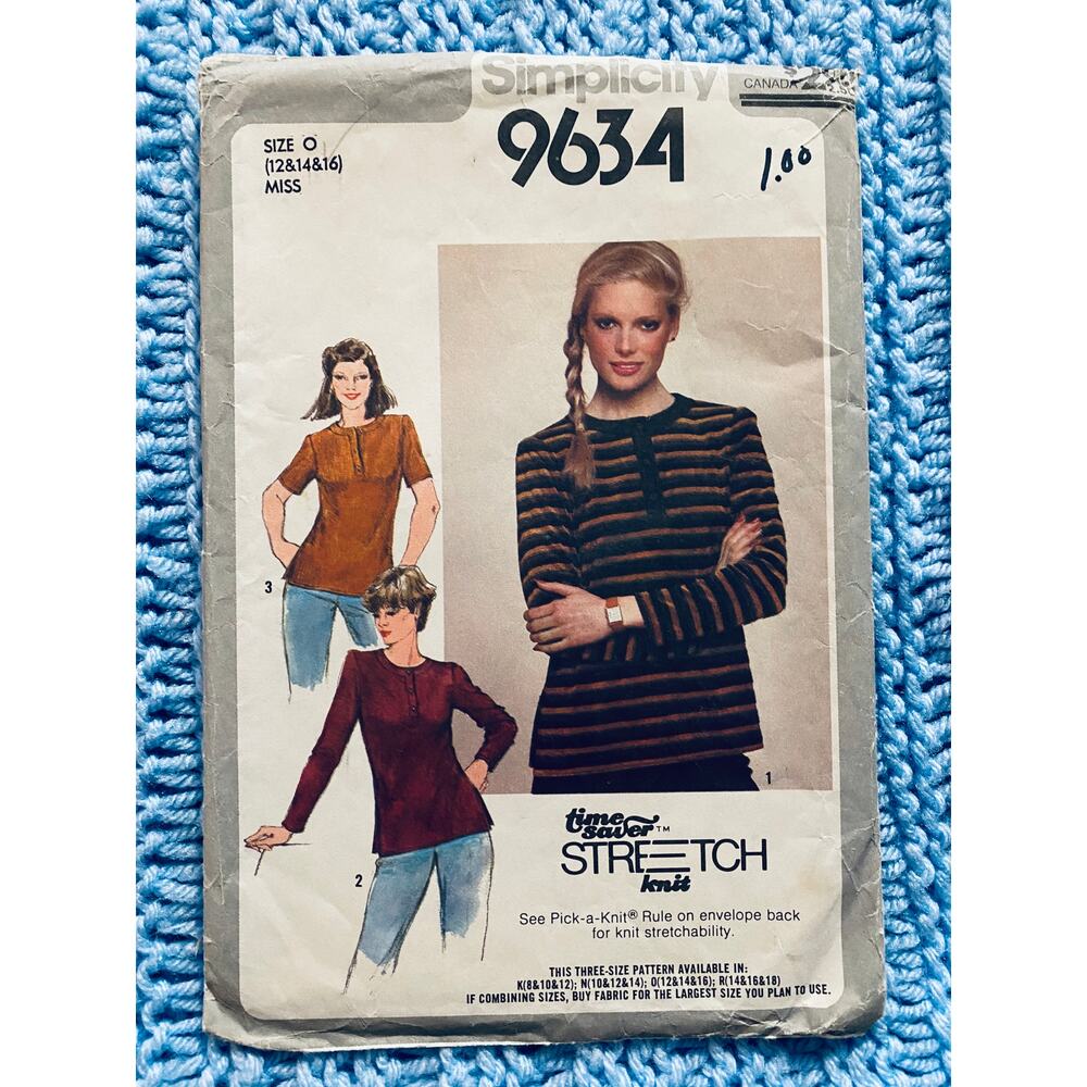 Simplicity 9634 Sewing pattern knit top long short sleeve 1970s size 12 14 16